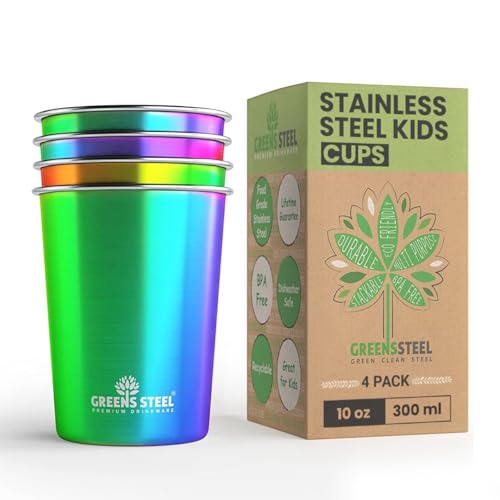 10oz Stainless Steel Kids Cups - Unbreakable Stackable Metal Tumblers (4-Pack)