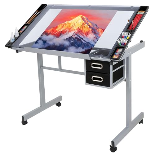 Adjustable Glass Top Drafting Table with Drawers and Wheels for Art & Design
