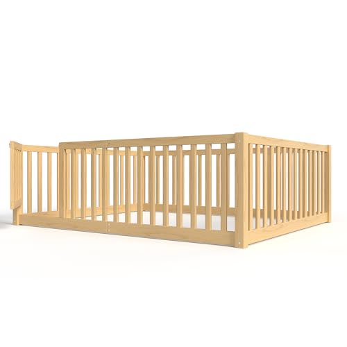 Full Size Montessori Floor Bed Frame with Door and High Guardrail