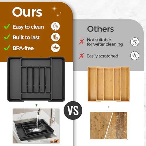 Expandable Silverware Drawer Organizer - Extra Large Cutlery Tray, Black