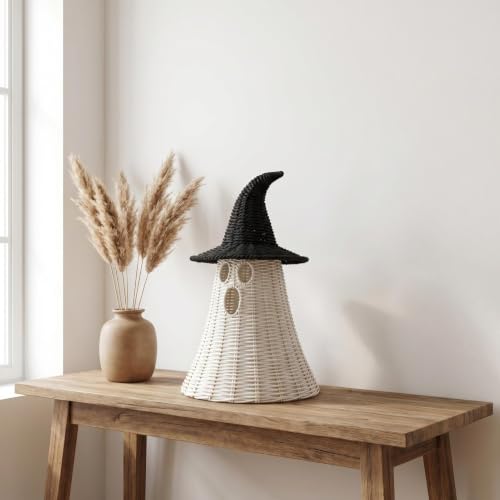 Handwoven Natural Rattan Ghost Table Decor with Black Witch Hat