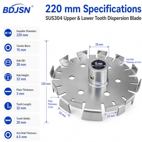 BDJSN 220mm Stainless Steel Disperser Mixer Blade with 15mm Bore for IBC & Tank Mixers