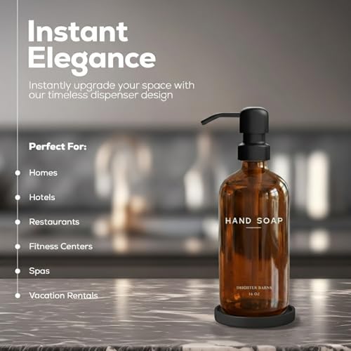 Amber Glass Hand Soap Dispenser Set with Ceramic Tray and Stainless Steel Pump
