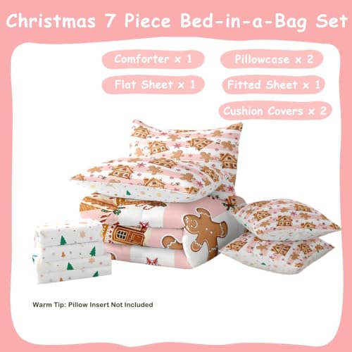 Feelyou Pink Gingerbread Man Comforter Set with Sheets 7-Piece Full kids bedding beige/pink