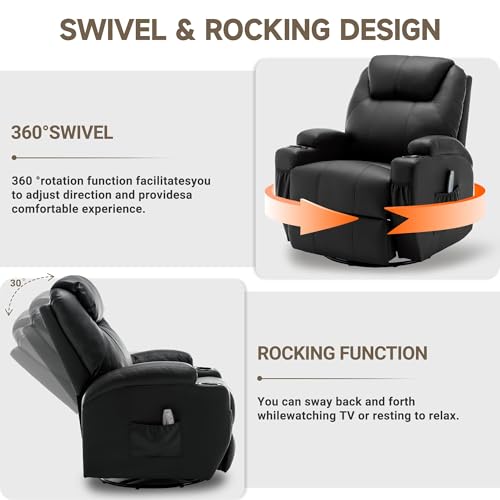 Swivel Rocking Recliner Chair with Massage, Heat, and Cup Holder