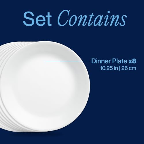 8-Piece Glass Dinner Plate Set - 10.5 Inch Chip Resistant White Plates