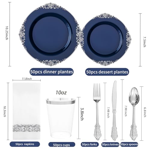 Blue and Silver Disposable Plates Set for Graduation - 350 pcs, Baroque Style, 50 Guests