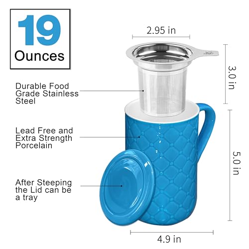 Yachi Blue 19oz Ceramic Coffee Mug with Infuser & Lid – Microwave & Dishwasher Safe Tea Cup