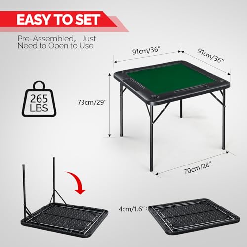 35" Foldable Mahjong Table, Portable 4 Player Game Table with Cup Holders