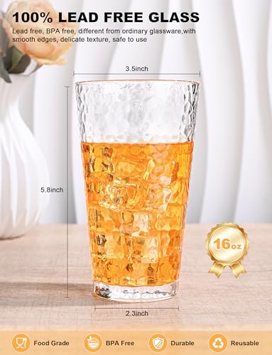 Hammered Highball Drinking Glasses Set of 8, 16oz Clear Glass Cups