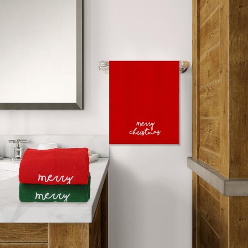 Christmas Embroidered Cotton Hand Towels Set 2 Pack Red Green Holiday Decor
