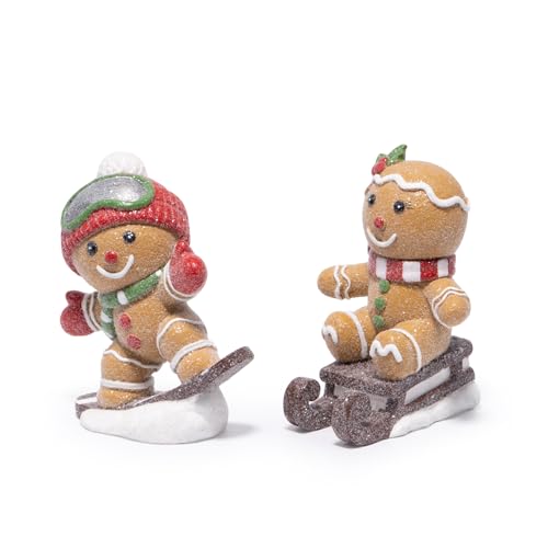 Hodao Christmas Gingerbread Ski & Sled Figurines Set - Indoor Holiday Decor, 2 Pieces