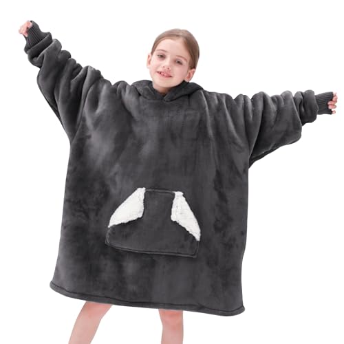 Touchat Grey Wearable Blanket Hoodie for Kids & Teens 6-13, Oversized Sherpa Fleece with Pocket