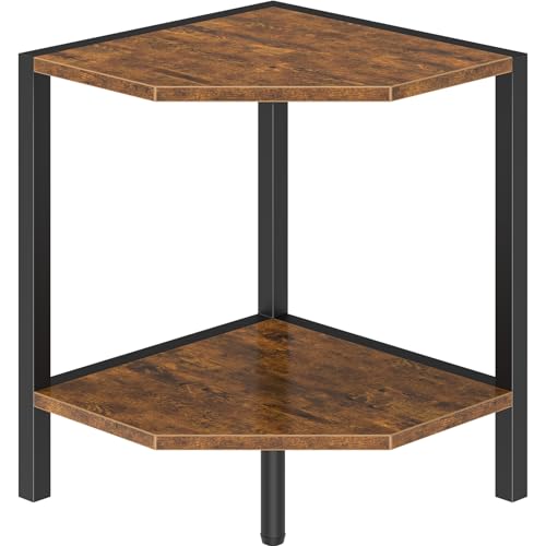 2-Tier Industrial Corner Shelf, Rustic Wood & Metal Standing Organizer