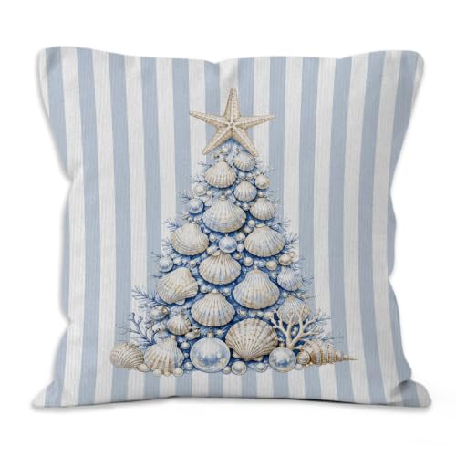Blue Beach Christmas Tree Throw Pillow Cover 18x18 Home Decor - Seasonal Accent