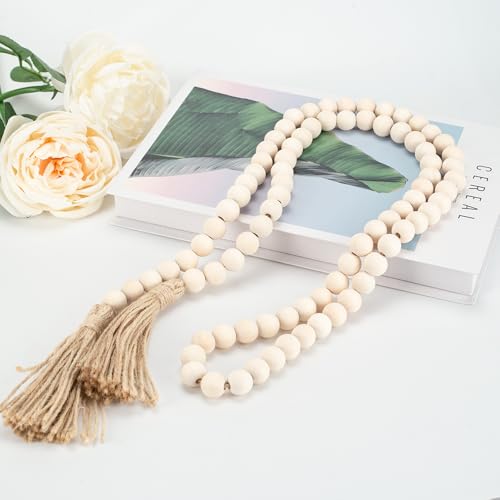 58-Inch Wood Bead Garland with Tassels – Boho Farmhouse Home Decor