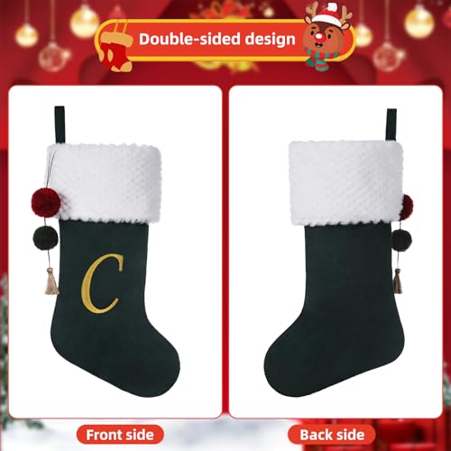 Personalized Velvet Christmas Stocking with Embroidered Letter B - 19.5 Inch Green