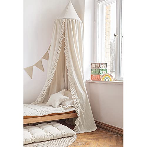 Boho Kids Bed Canopy with Frills, Hanging Reading Nook Play Tent (Beige)