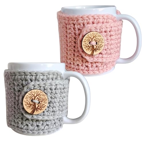 Tree of Life Mug Cozy Sleeves - Set of 2, Grey and Pink Coffee Cup Wraps
