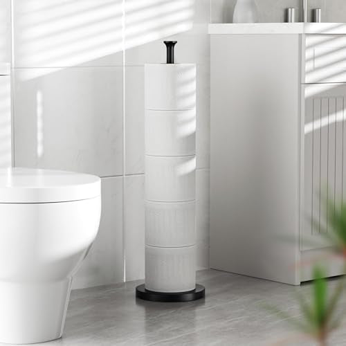 Free-Standing Toilet Paper Holder Stand with 4-Roll Storage, Matte Black