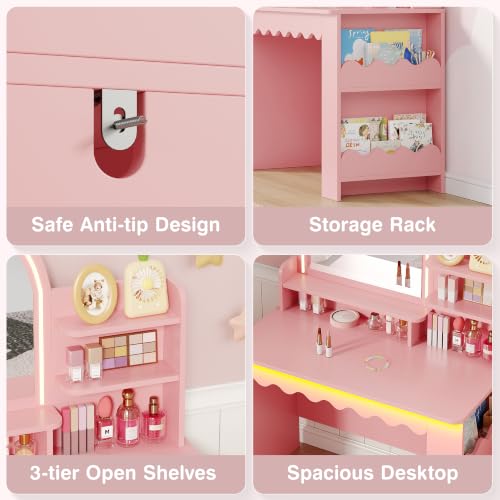 Kids Vanity Desk with LED Mirror, Bookshelf, and Chair Set - Pink