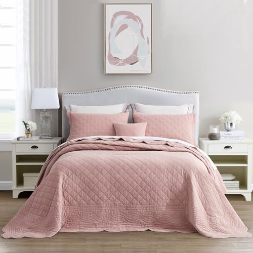 Oversized King Bedspread Set - Washed Cotton, Misty Rose, 5-Piece