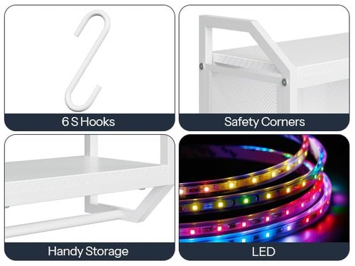 HOOBRO Gaming Floating Shelves with LED Lights, 28.7" LED Wall Mounted Shelf, 3-Tier Display Rack for Wall Storage, Floating Rack with Hanging Rod and 6 S-Hooks, for Gaming Room, White WT70DBJ01