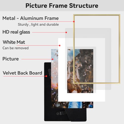 8x10 Brass Aluminum Picture Frame with 5x7 Mat for Wall & Tabletop