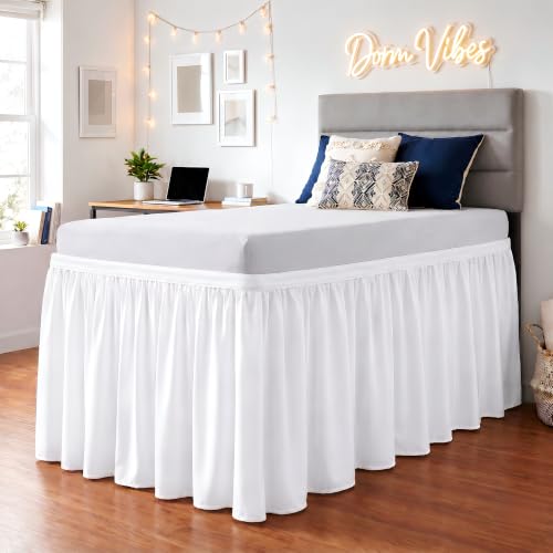 Twin XL Ruffled Dorm Bed Skirt with 30 Inch Drop - White Microfiber Dust Ruffle