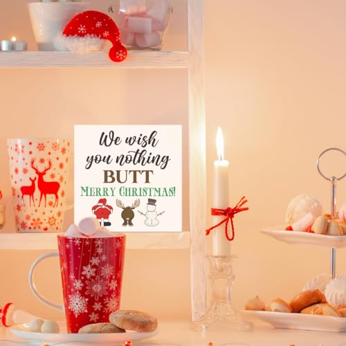 Funny Christmas Sign Decor for Bathroom We Wish You Nothing Butt Merry Christmas Wood Block Sign - Variation D
