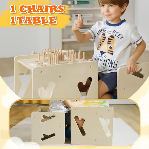 Montessori Toddler Table and Chair Set - Solid Wood, 1 Chair & 1 Table, Safe & Space-Saving