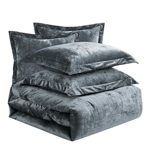 Distressed Velvet Comforter Set - 5-Piece Queen Bedding in Smoke Blue