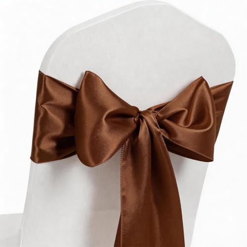 Brown Satin Chair Sashes 50 Pack - Chair Bows for Wedding & Event Decor