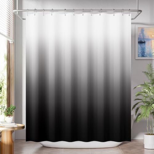 Ombre Black Shower Curtain Set with 12 Hooks, 72x72 Fabric Farmhouse Decor