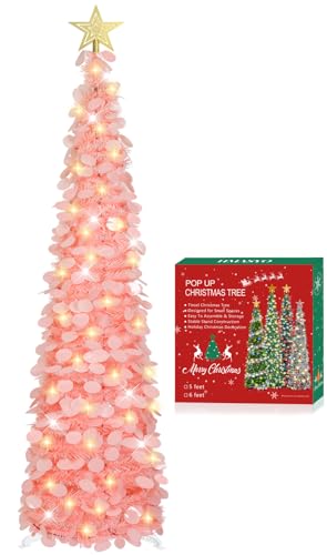 HMASYO 5ft Dreamy Pink Pop Up Tinsel Christmas Tree with Timer Lights