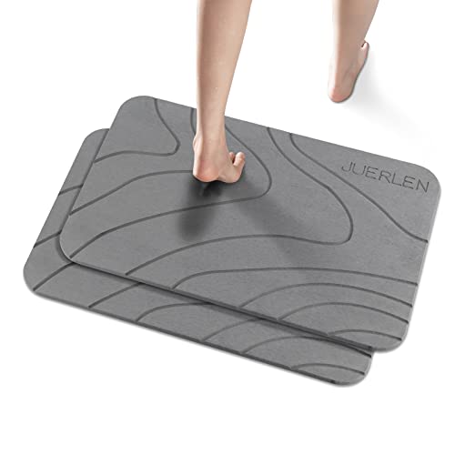 JUERLEN 2 Pack Diatomaceous Earth Shower Mat - Fast-Drying Grey Wave Stone Bath Mat 24x16