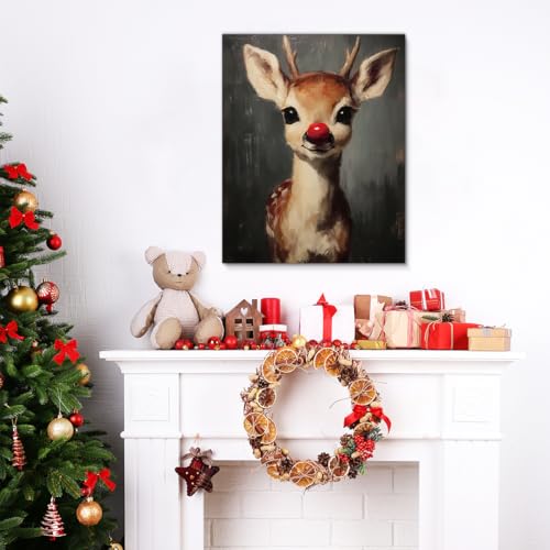 Reindeer Vintage Christmas Canvas Wall Art 8x10 - XIPLUM, Red Nose Whimsical Deer Print (Reindeer)