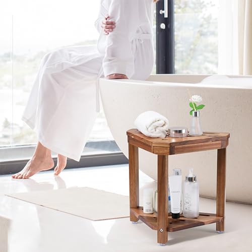 Acacia Wood Corner Shower Stool for Shaving with Storage Shelf, 15-Inch