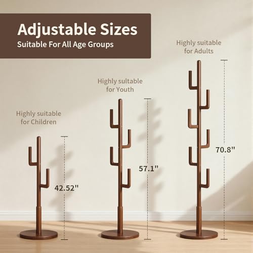 Solid Wood Freestanding Coat Rack - Adjustable Cactus Coat Tree for Entryway