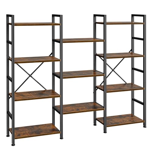 4-Tier Wide Triple Bookshelf with 11 Adjustable Open Display Shelves