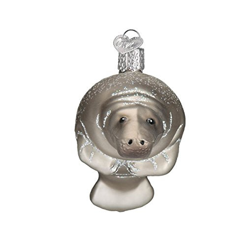 Handcrafted Glass Manatee Christmas Ornament, Silver Holiday Decoration