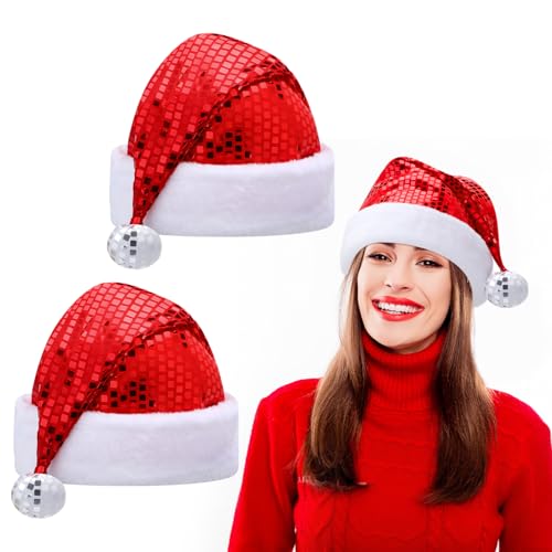 Eurzom 2 Pcs Christmas Santa Hat for Adults - Furry Red White & Disco Ball Variants