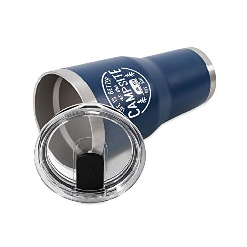 Camco Life is Better at The Campsite Tumbler | Heavy Duty Double Wall Vacuum Insulation | Crafted of 18/8 Stainless Steel | Unique ¡°Life is Better at The Campsite¡± Design on Navy | 30-oz (53324)