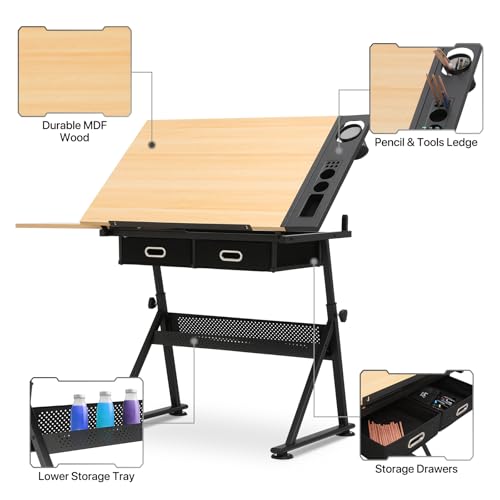39-inch Adjustable Drafting Table and Stool Set with Storage Drawers