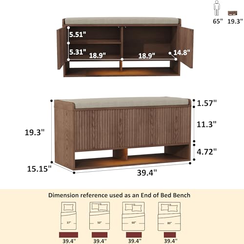 39-inch Fluted Shoe Storage Bench with Linen Seat, LED Light & Adjustable Shelf