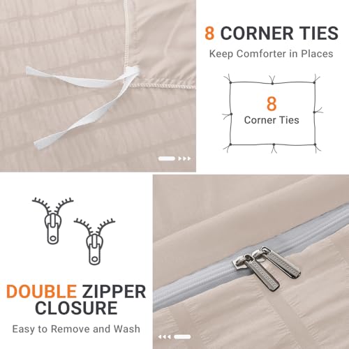 Beige Seersucker Queen Duvet Cover Set - 3-Piece Soft Microfiber Bedding