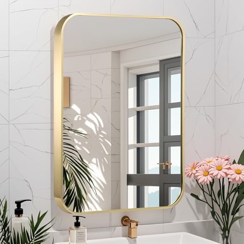 24x36 Inch Brushed Gold Bathroom Mirror, Rectangular Wall Mounted Vanity Mirror