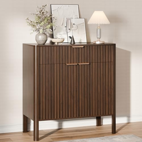 31" Fluted Buffet Cabinet, Walnut Sideboard with Drawer and Doors