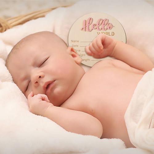 Wooden Hello World Baby Announcement Sign - Newborn Birth Name Plaque