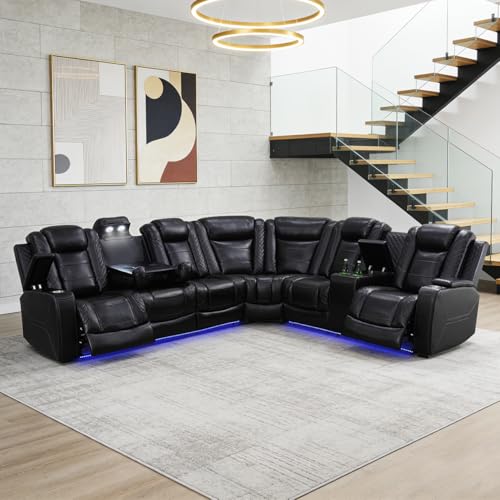 Power Recliner Sectional Sofa with LED Lights, Cup Holders & Storage
